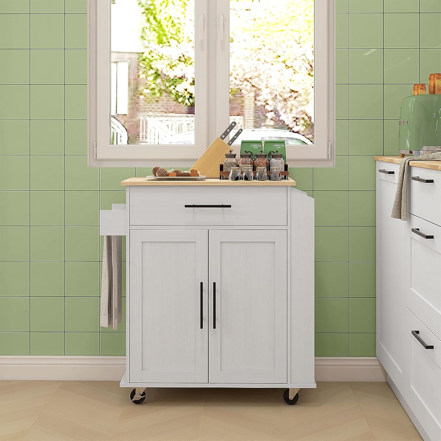 HOMCOM Kitchen Island with Storage, Rolling Kitchen Cart with AC Outlets and USB Ports, Microwave Stand with Towel and Spice Rack, White