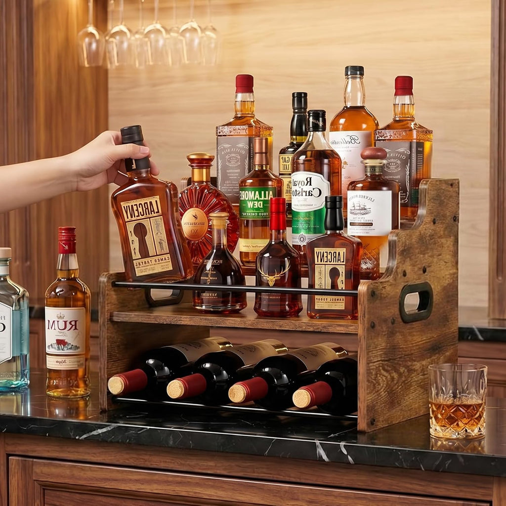 4-Tier Wood Display Shelf Wine Rack for 16 Bottles Wood Coffee Syrup Organizer with Handles Home Whiskey Shelf Retro Mini Liquor Cabinet Spice Rack Coffee Bar Shelves, Brown