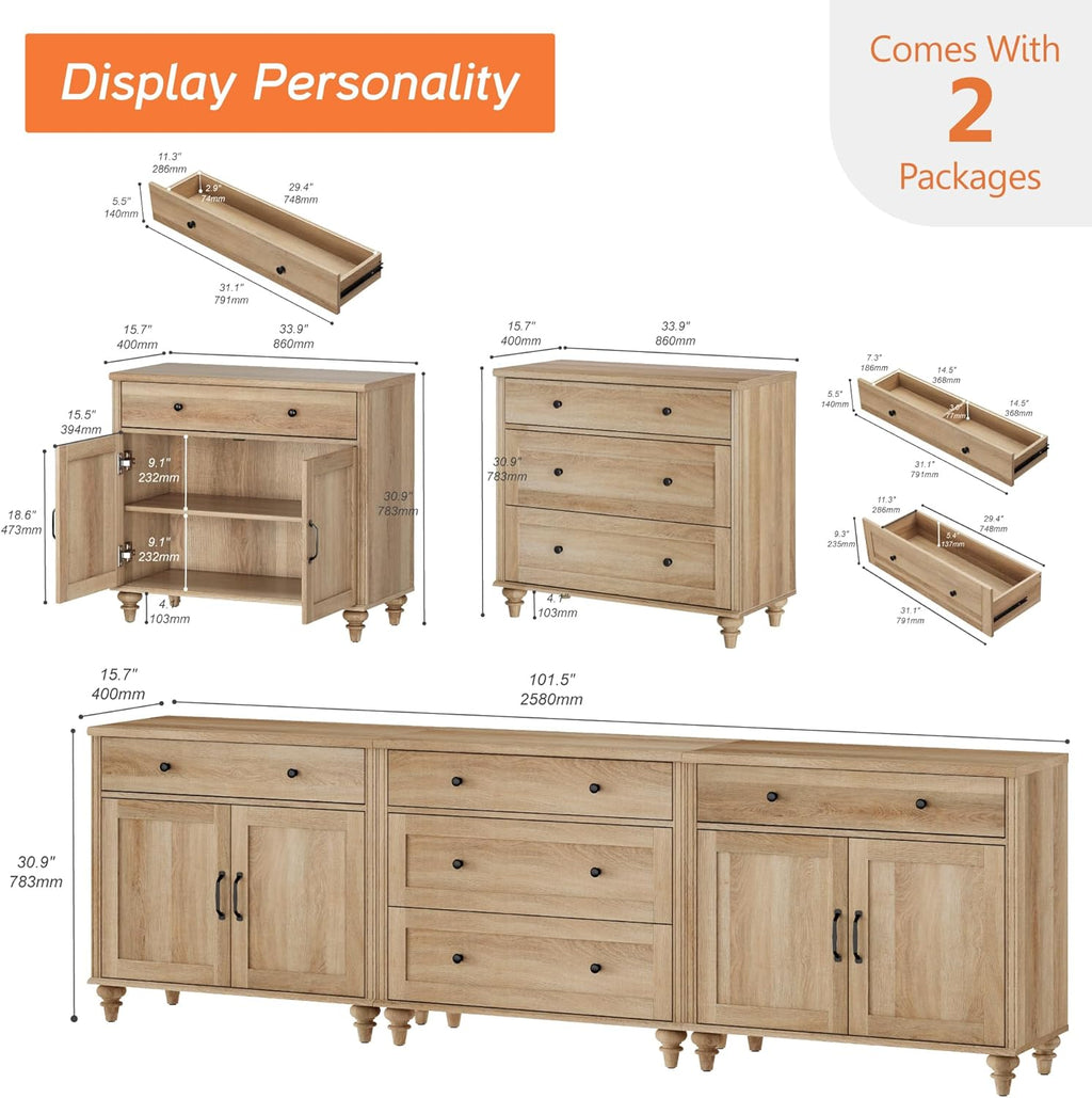 WAMPAT Buffet Cabinet with 5 Drawers and 4 Doors, Vintage Wood Grain Design, Farmhouse Coffee Bar with Storage, Morden Sideboard Cabinet for Dinning Room, Kitchen, and Living Room, 101 inch, Oak