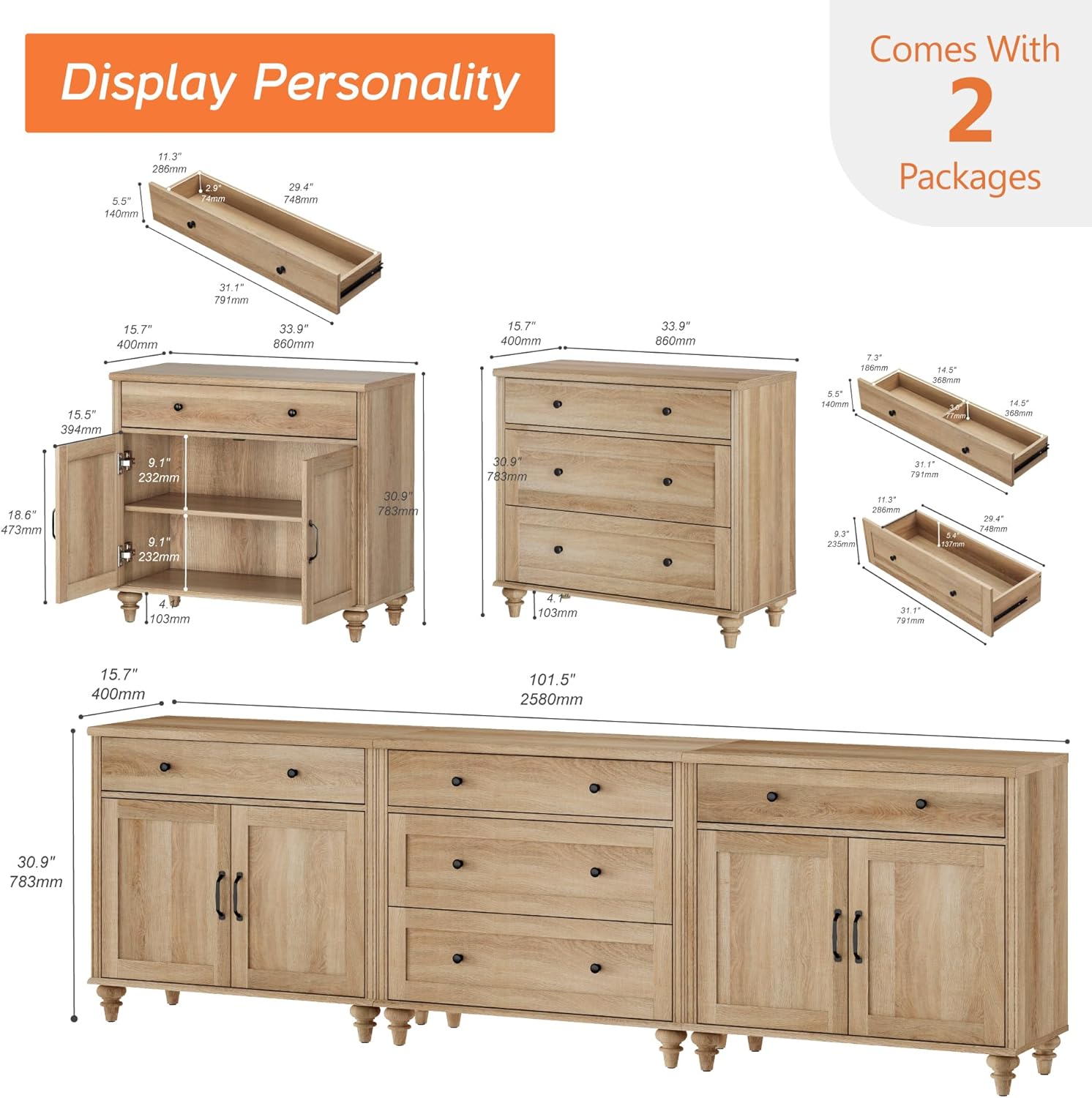 WAMPAT Buffet Cabinet with 5 Drawers and 4 Doors, Vintage Wood Grain Design, Farmhouse Coffee Bar with Storage, Morden Sideboard Cabinet for Dinning Room, Kitchen, and Living Room, 101 inch, Oak