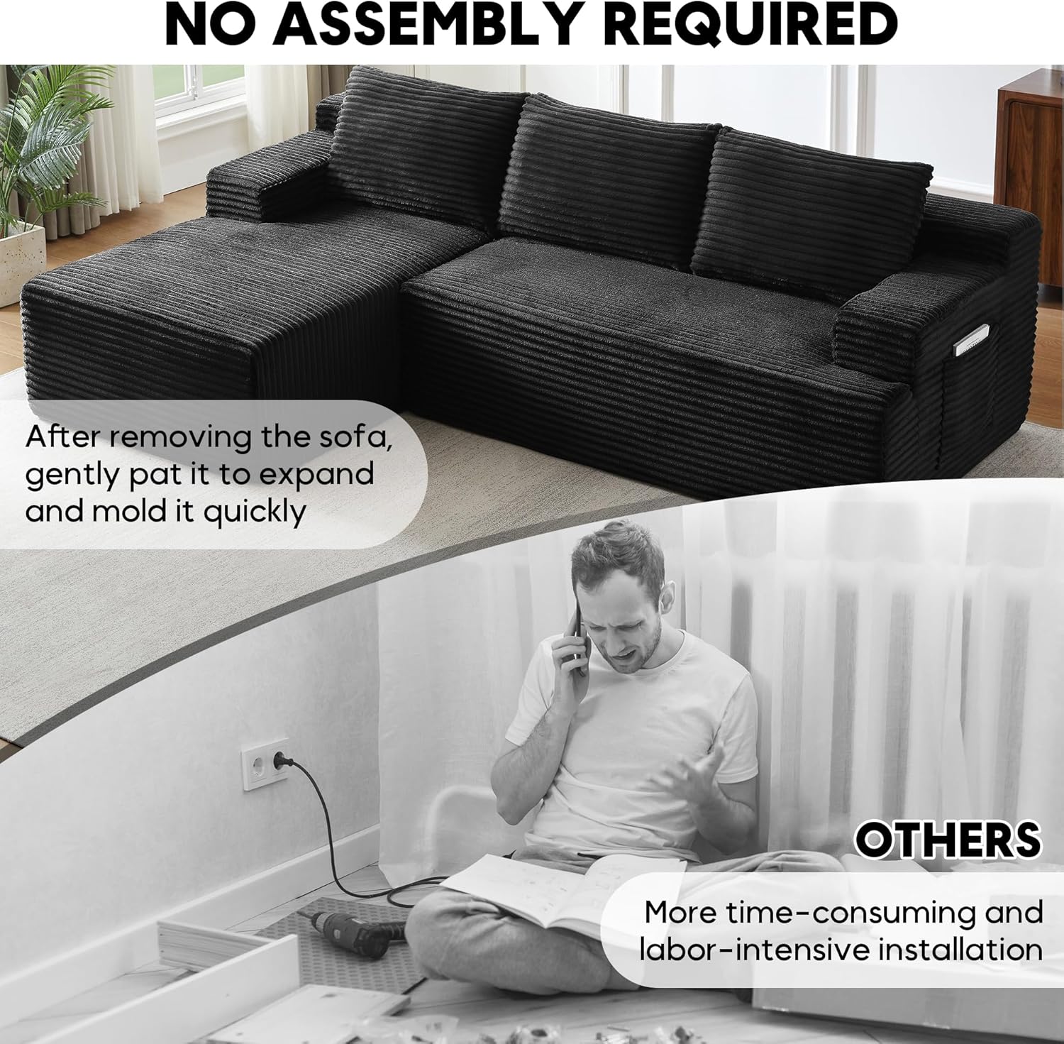 96.1" Cloud Sectional Couch, Modern Modular L Shape Sectional Sofa with Deep Seat Chaise, Comfy Corduroy Boneless Couches for Living Room (Black, Left Chaise)