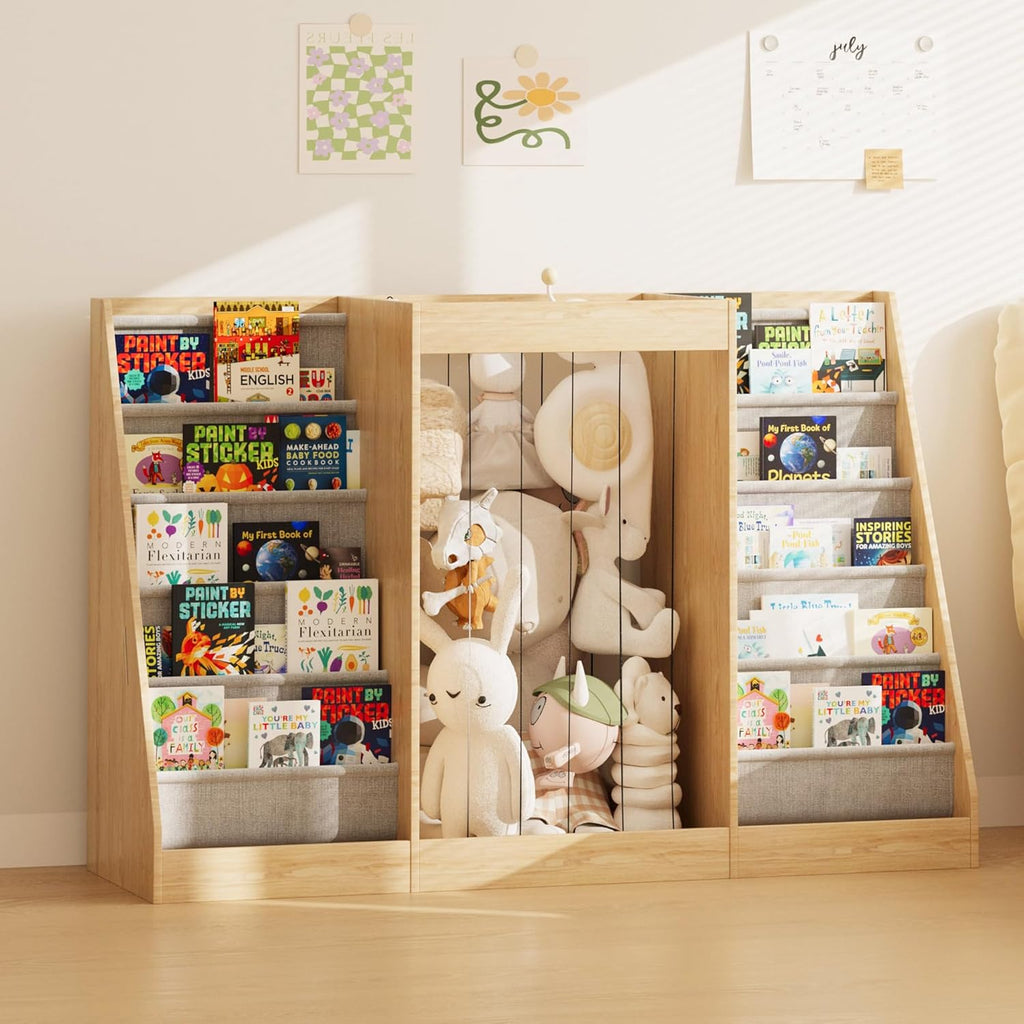 NACHES Montessori Kids Bookshelf with Toy Storage, Extra Book Display Shelves for Toddlers, Front-Facing Book Organizer for Nursery Playroom Bedroom (Natural Wood)