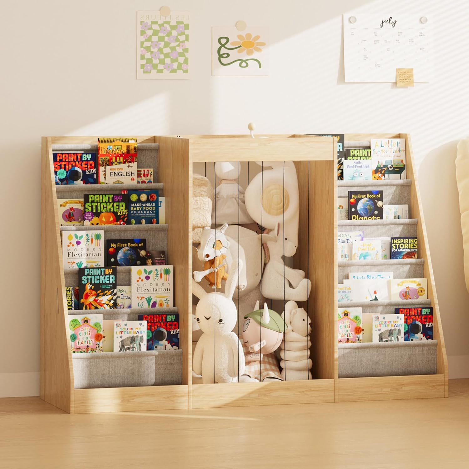 NACHES Montessori Kids Bookshelf with Toy Storage, Extra Book Display Shelves for Toddlers, Front-Facing Book Organizer for Nursery Playroom Bedroom (Natural Wood)