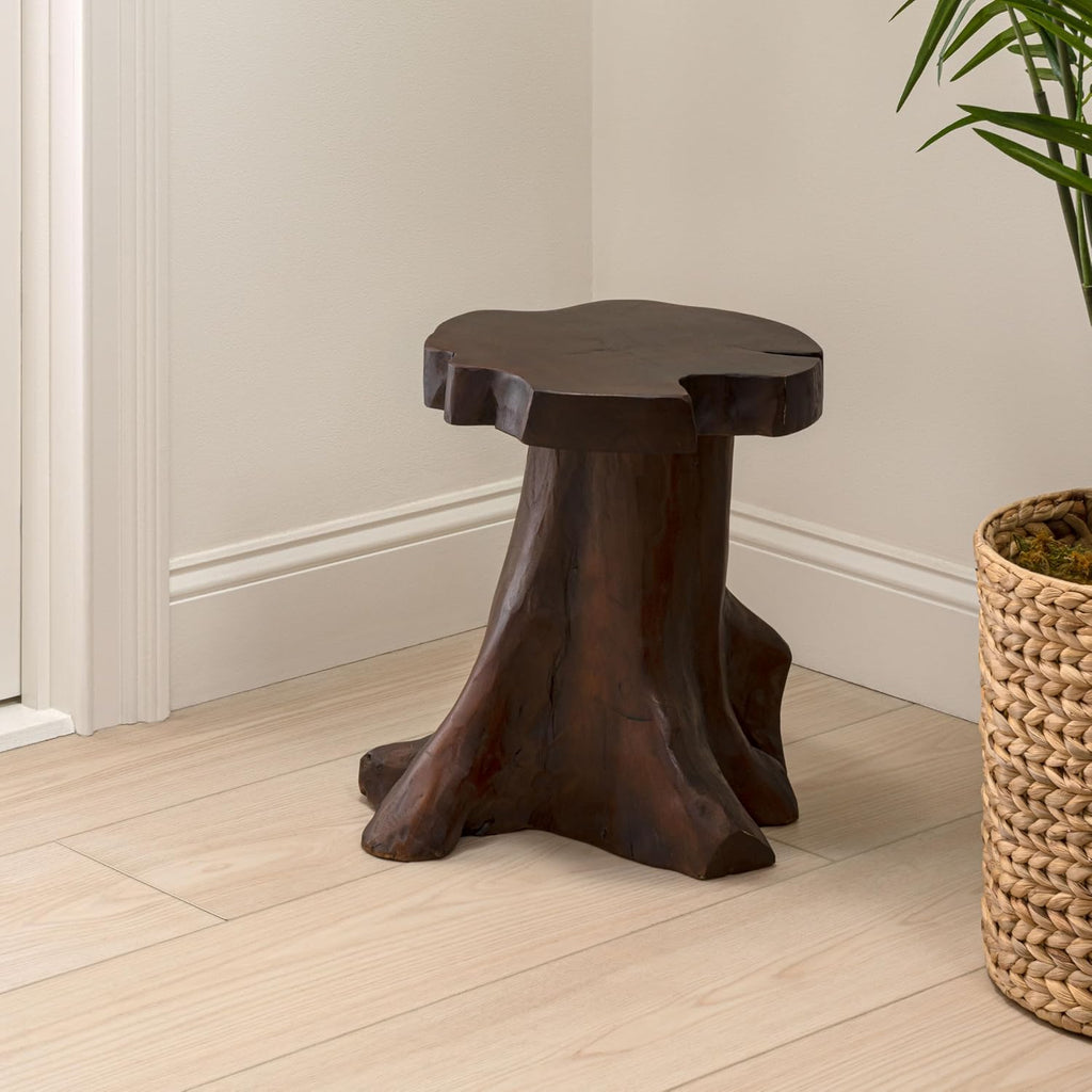 JONATHAN Y Amara Handcrafted Solid Teak Wood Live Edge Tree Stump Stool, 16" Rustic Accent Side Table and Decorative Indoor Plant Stand, Dark Brown STL3000B