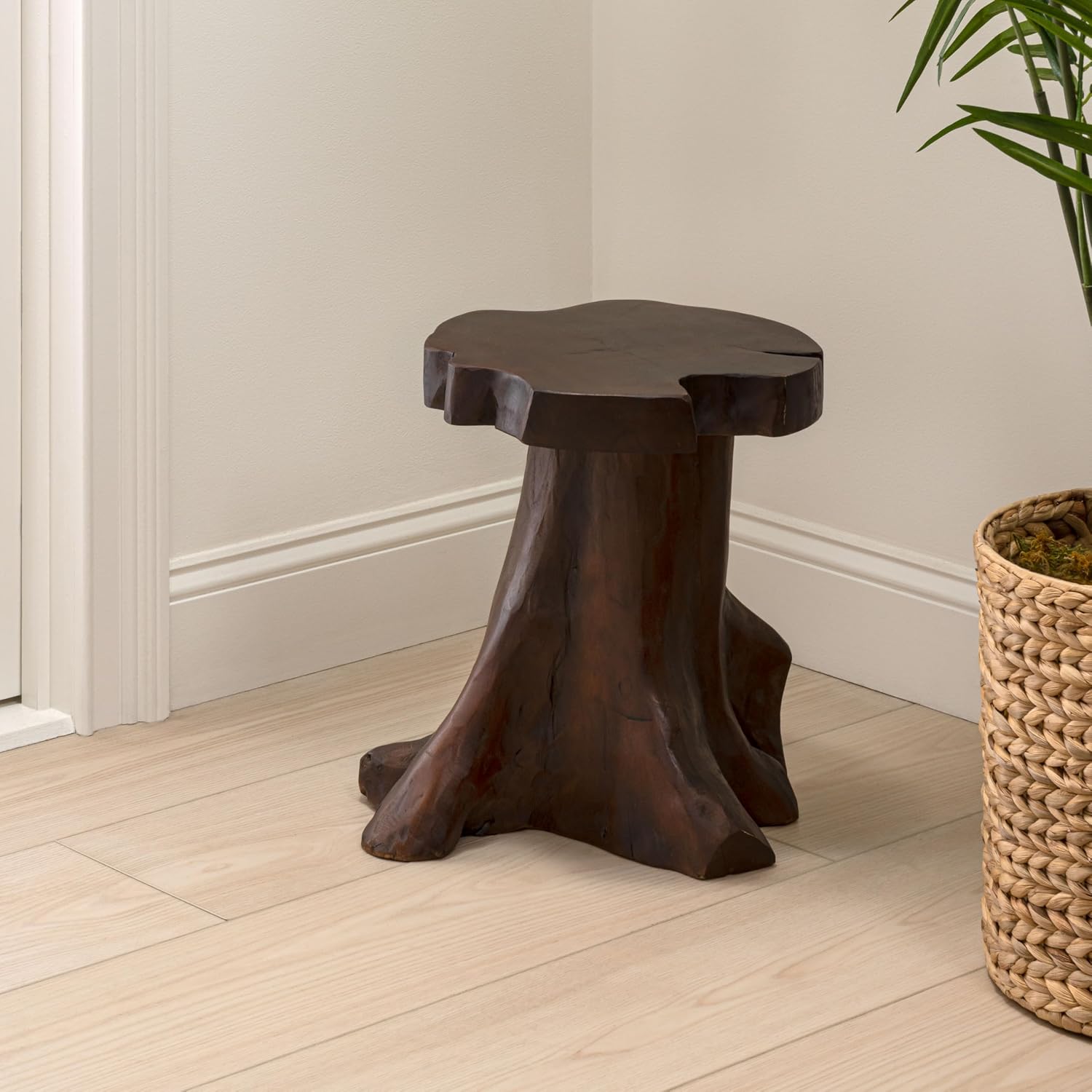 JONATHAN Y Amara Handcrafted Solid Teak Wood Live Edge Tree Stump Stool, 16" Rustic Accent Side Table and Decorative Indoor Plant Stand, Dark Brown STL3000B