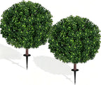 27.5" Artificial Boxwood Topiary Ball Tree, Set of 2 Fake Bushes Shrubs with Ground Spike, UV Resistant Faux Evergreen Boxwood Trees for Front Porch Planters Outdoor Garden Decor