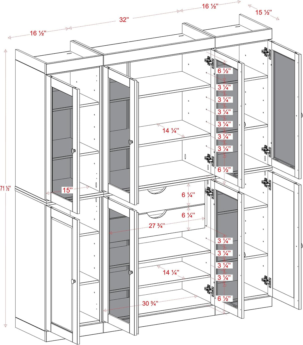 Palace Imports 100% Solid Wood 65"" Pantry China Cabinet with Raised Panel, Frosted Glass Doors, 2-Drawers and Adjustable Shelves