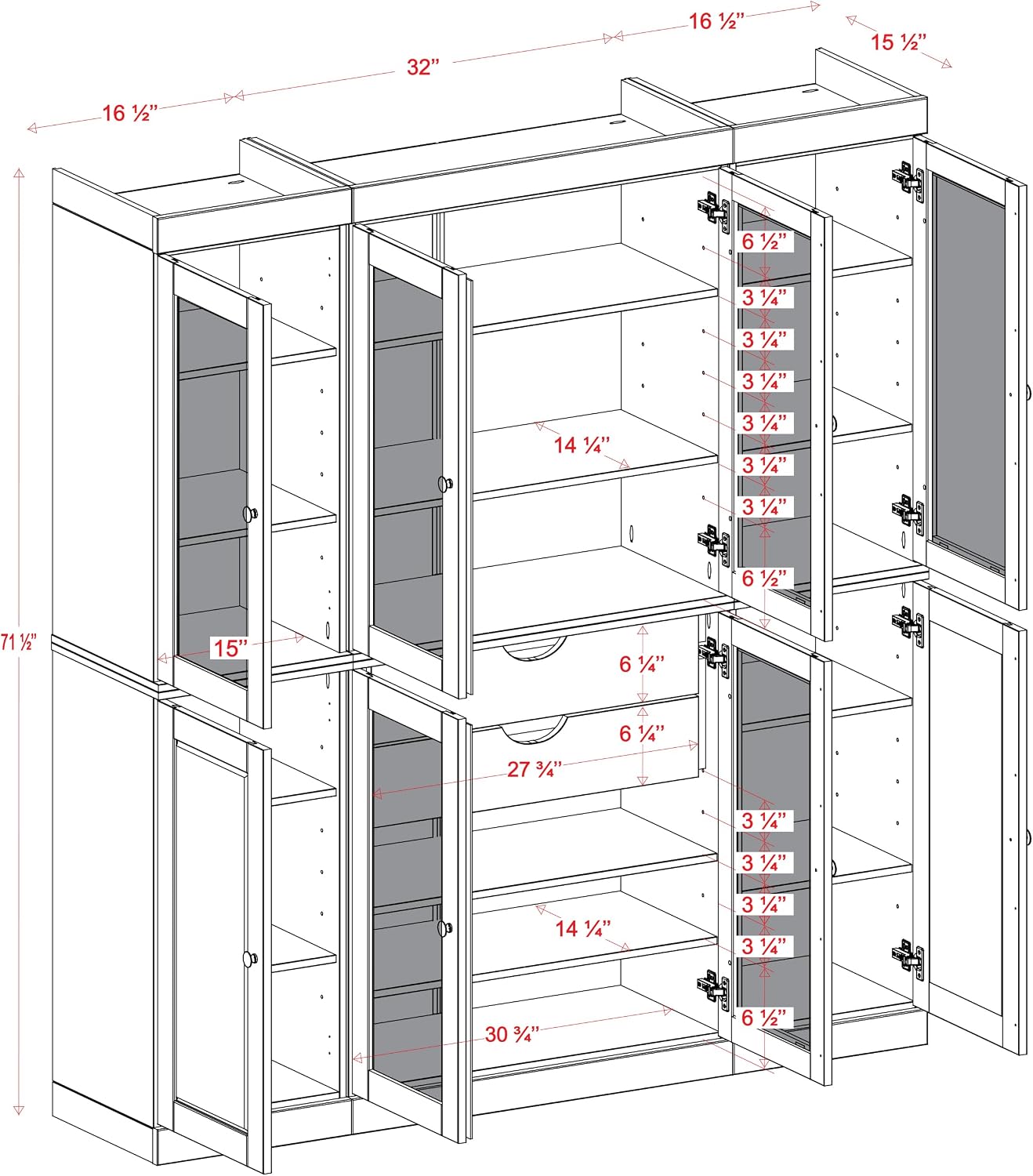 Palace Imports 100% Solid Wood 65"" Pantry China Cabinet with Raised Panel, Frosted Glass Doors, 2-Drawers and Adjustable Shelves
