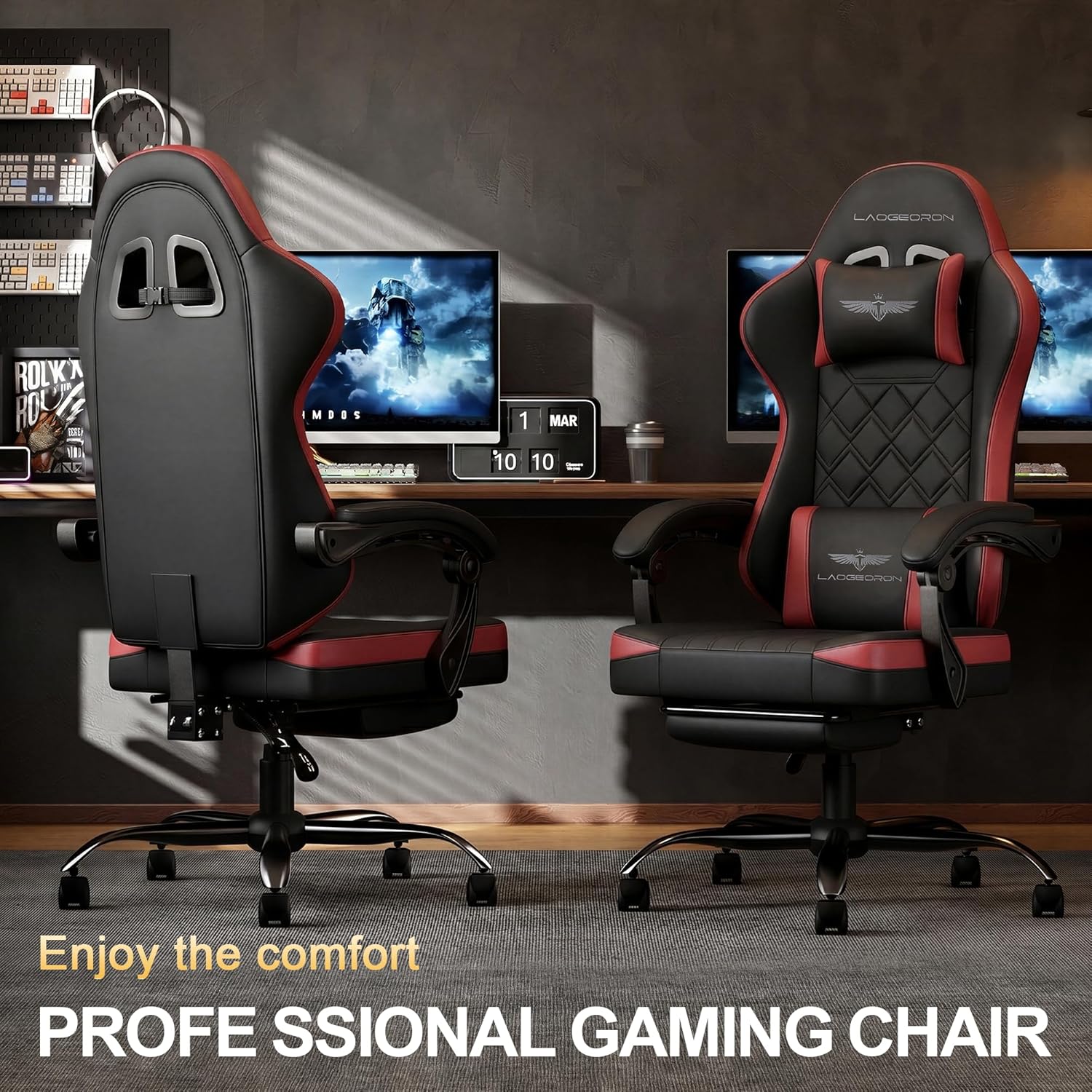 Ergonomic Gaming Chair with Retractable Footrest, High Back Video Game Chairs Computer Gaming Chairs with Headrest and Lumbar Support 400 lbs Linked Armrests Adult Chair (Black Red)