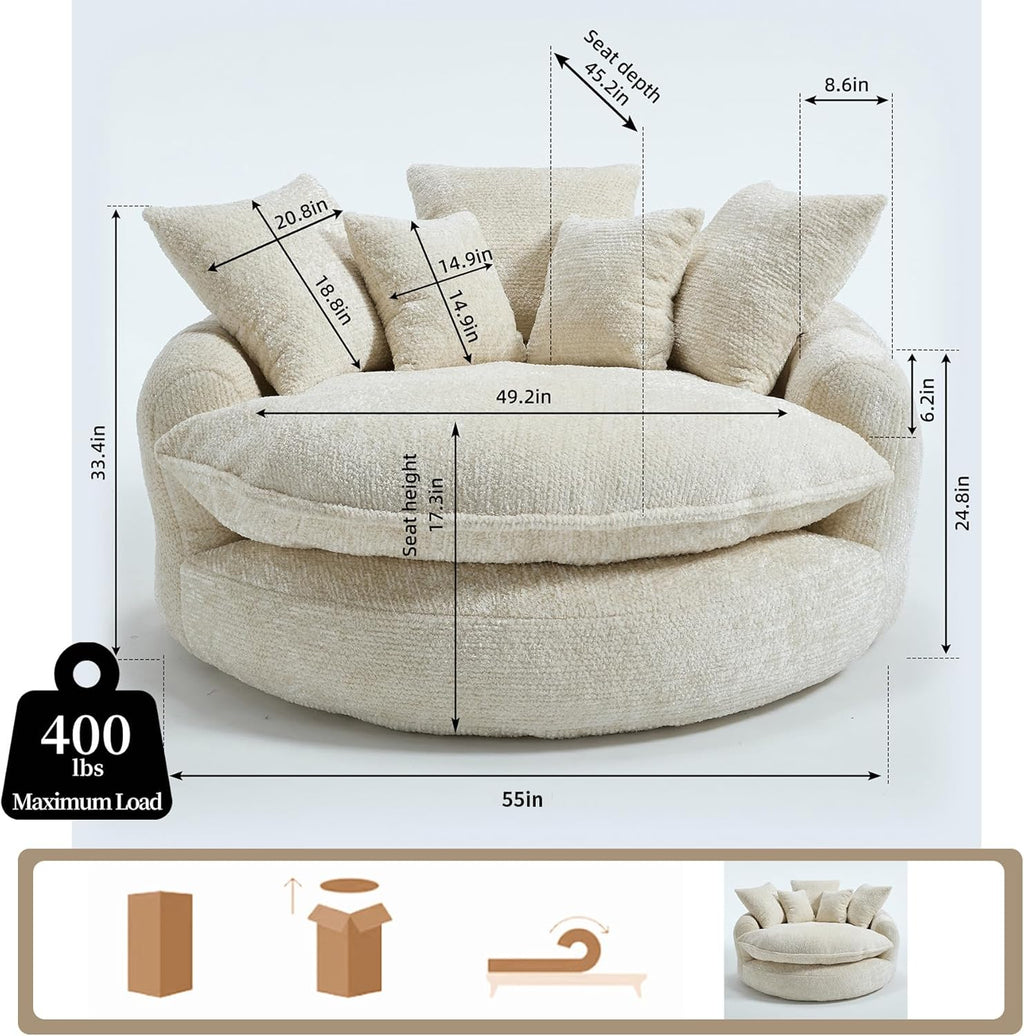 55 inch Oversized Round Chair, Fluffy Chenille Boneless Sofa with Extra Deep Seat for Living Room Lounge (Beige)