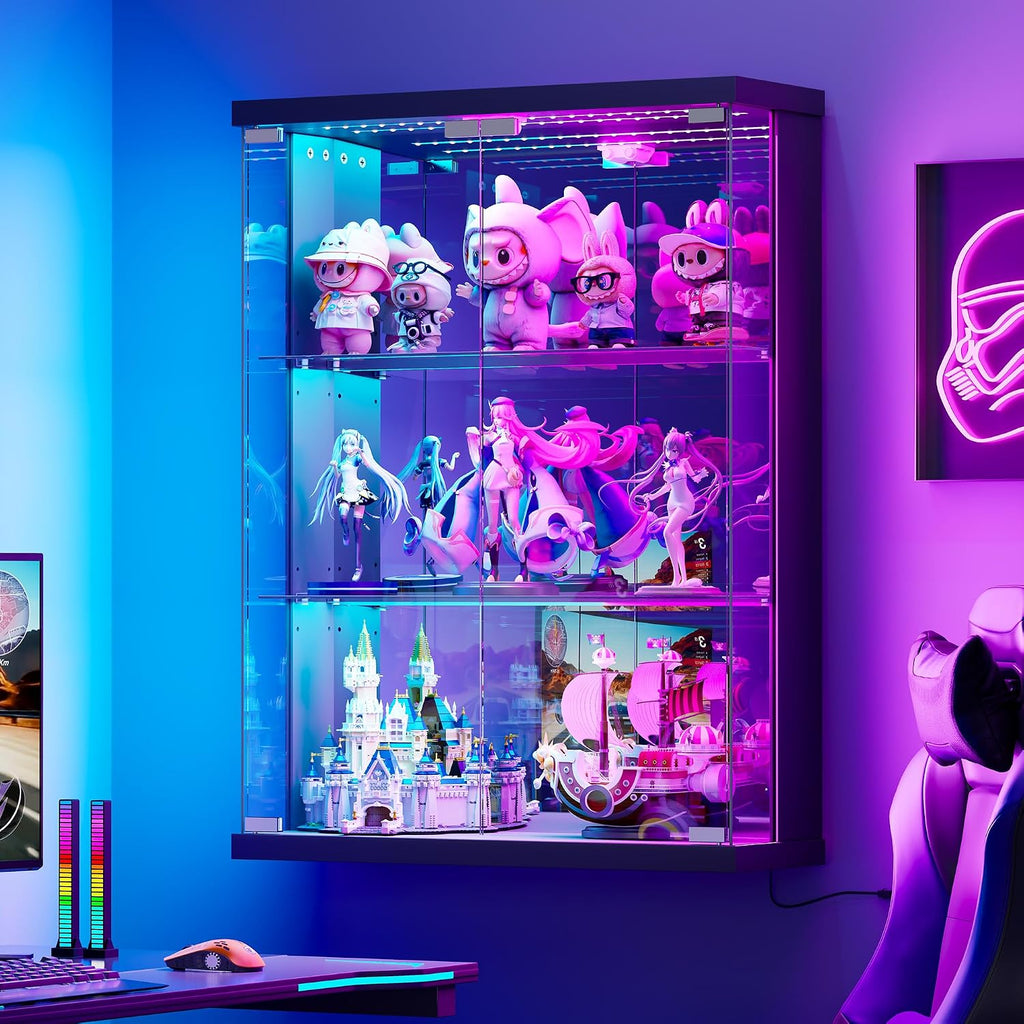 Wall Display Case with Glass Doors - RGB Hanging Display Cabinet with Auto Sensor Lights, Glass Door Cabinet with Adjustable Shelves, Shot Glass Display Case for Collectibles, Figures, Cards (Black)