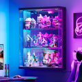 Wall Display Case with Glass Doors - RGB Hanging Display Cabinet with Auto Sensor Lights, Glass Door Cabinet with Adjustable Shelves, Shot Glass Display Case for Collectibles, Figures, Cards (Black)