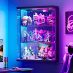 Wall Display Case with Glass Doors - RGB Hanging Display Cabinet with Auto Sensor Lights, Glass Door Cabinet with Adjustable Shelves, Shot Glass Display Case for Collectibles, Figures, Cards (Black)