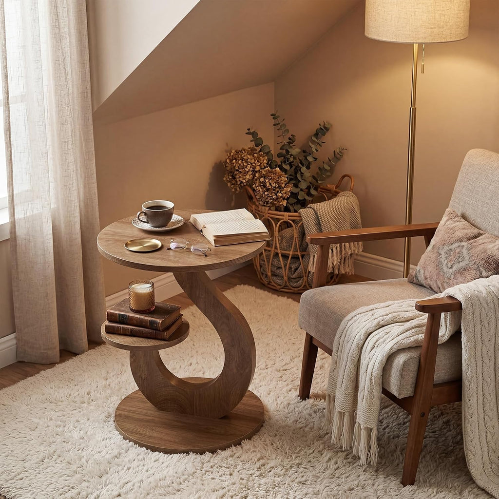 LITTLE TREE 2-Tier Round End Table, Small Side Table for Couch, Living Room, Bedroom, S-Shaped Accent Tables for Small Spaces, Walnut Finish