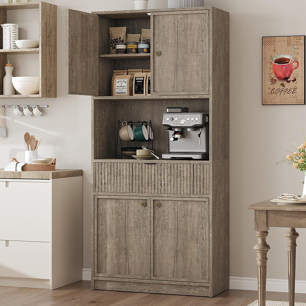 IDEALHOUSE Tall Storage Cabinet, 70" Kitchen Pantry Cabinet with Doors, Fluted Kitchen Hutch Cupboard with Microwave Shelf & Drawer, Freestanding Cupboard for Dining Room, Living Room, Gray