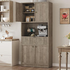 IDEALHOUSE Tall Storage Cabinet, 70" Kitchen Pantry Cabinet with Doors, Fluted Kitchen Hutch Cupboard with Microwave Shelf & Drawer, Freestanding Cupboard for Dining Room, Living Room, Gray