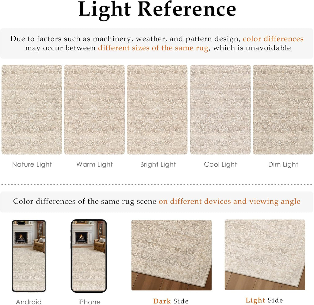 8x10 Area Rug for Living Room, Ultra Soft Washable Rugs for Bedroom, Non-Slip Indoor Large Carpet, Low-Pile Floral Accent Rug for Dining Room, Office & Home Decor Beige