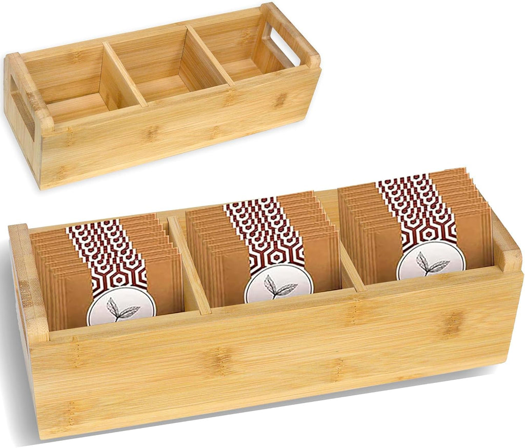 Bamboo Tea Organizer Box Chemical Free Eco-Friendly Big, Tall, Adjustable Cubbies Natural Wooden Storage Chest (3-Slot, Blank)