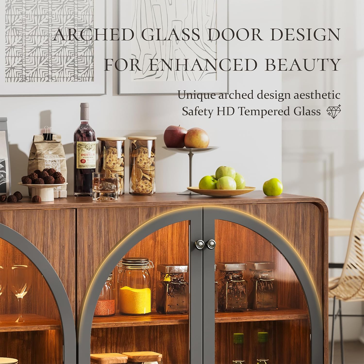 Sideboard Buffet Cabinet with Storage, 68" Walnut Credenza Accent Cabinet Buffet Table w/4 Arched Glass Doors & LED Light, Modern Coffee Bar Liquor Cabinet w/2 Shelves for Kitchen Entryway
