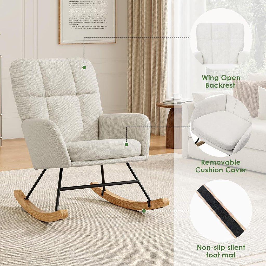 Rocking Chair Nursery Fleece Upholstered Accent Rocker Chair with 20" Wide Seat High Back Solid Wood Legs Comfy Glider Rocker Reading Armchair for Living Room Bedroom, Beige