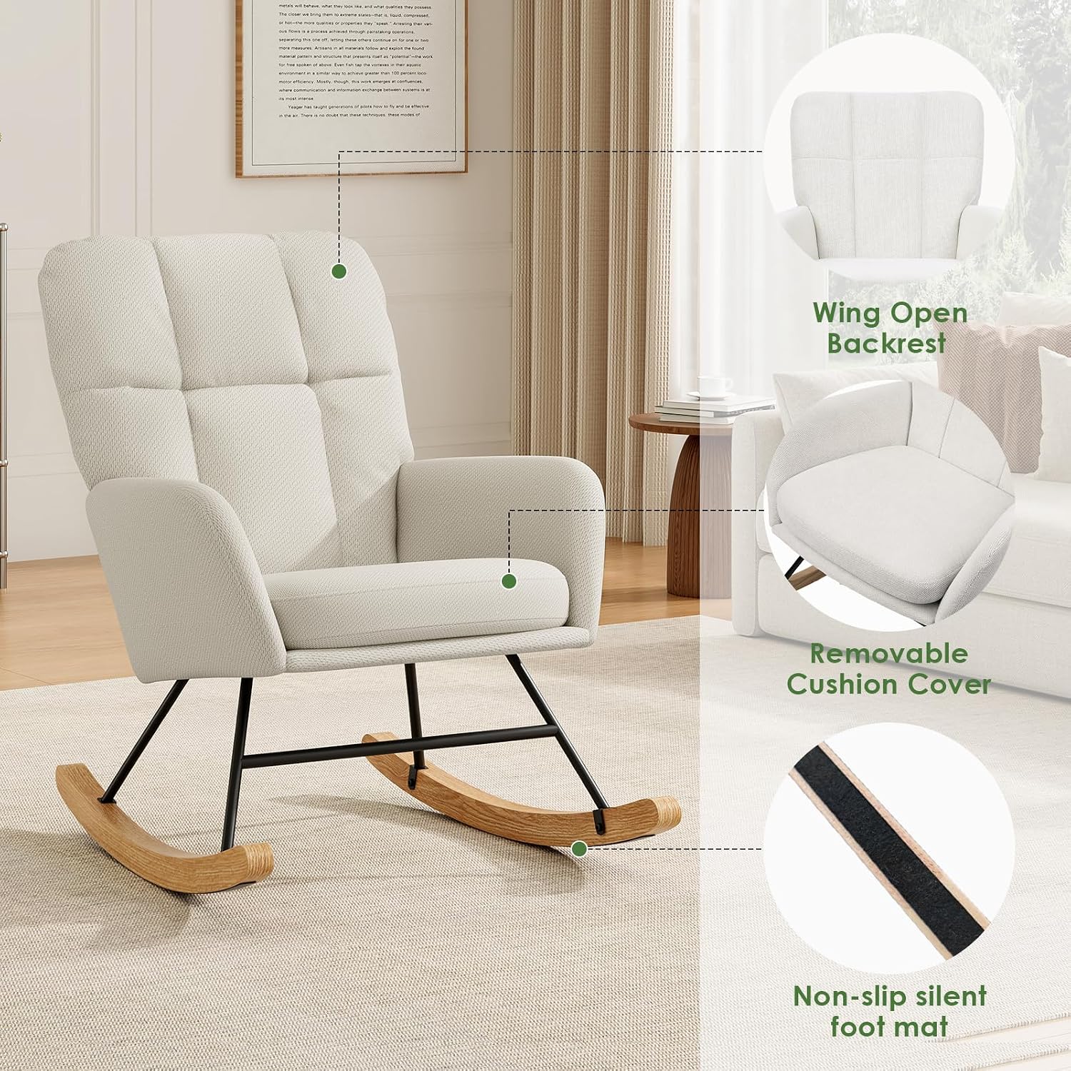Rocking Chair Nursery Fleece Upholstered Accent Rocker Chair with 20" Wide Seat High Back Solid Wood Legs Comfy Glider Rocker Reading Armchair for Living Room Bedroom, Beige