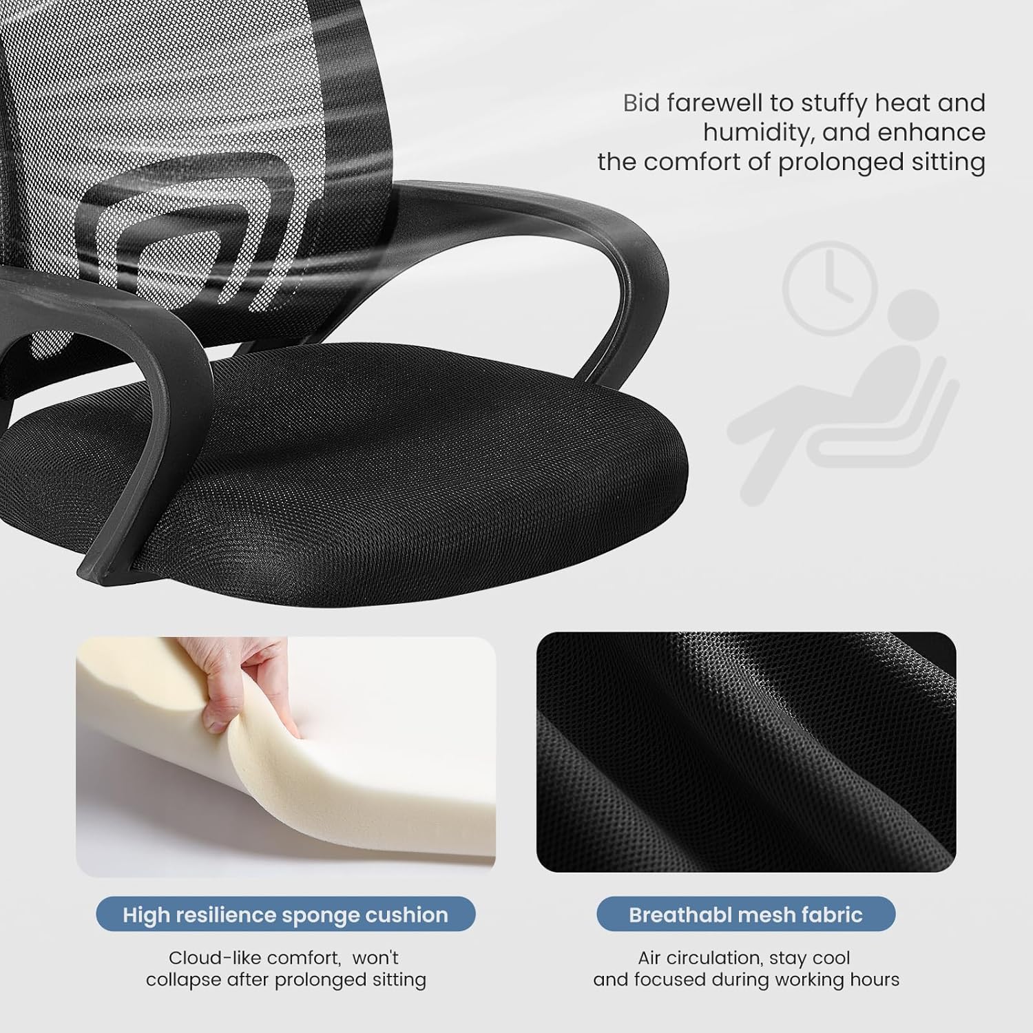 DUMOS Home Office Chair - Ergonomic Mid Back Mesh Desk Chair with Lumbar Support & Rocking Mode, Height Adjustable with Fixed Armrest, for Computer, Gaming, Meeting, 360° Swivel, Black