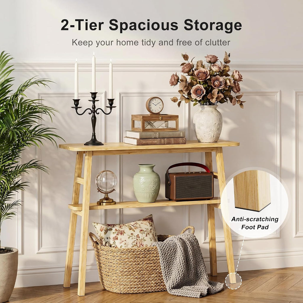 39.4" Solid Bamboo Entryway Console Table, Sofa Table Behind Couch, Narrow Bamboo Wood Entry Table with Storage Shelves for Living Room, Hallway，Modern, Easy Assembly, Natural