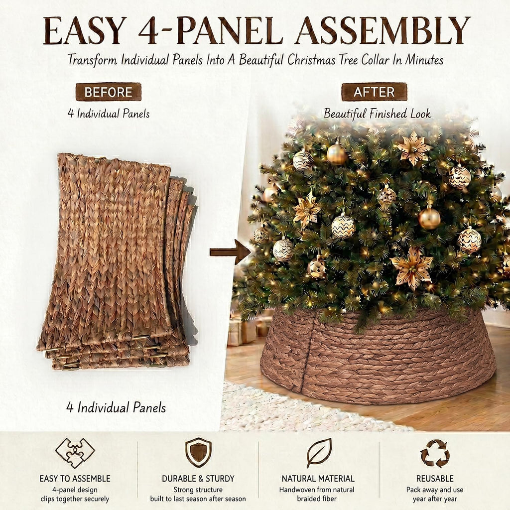 LAQUEDECRAFT 24 Inch Tree Collar Brown, Handwoven Water Hyacinth Christmas Tree Collar for Artificial Trees, Rustic Boho Basket Weave Wicker Tree Collar, Farmhouse Holiday Decor