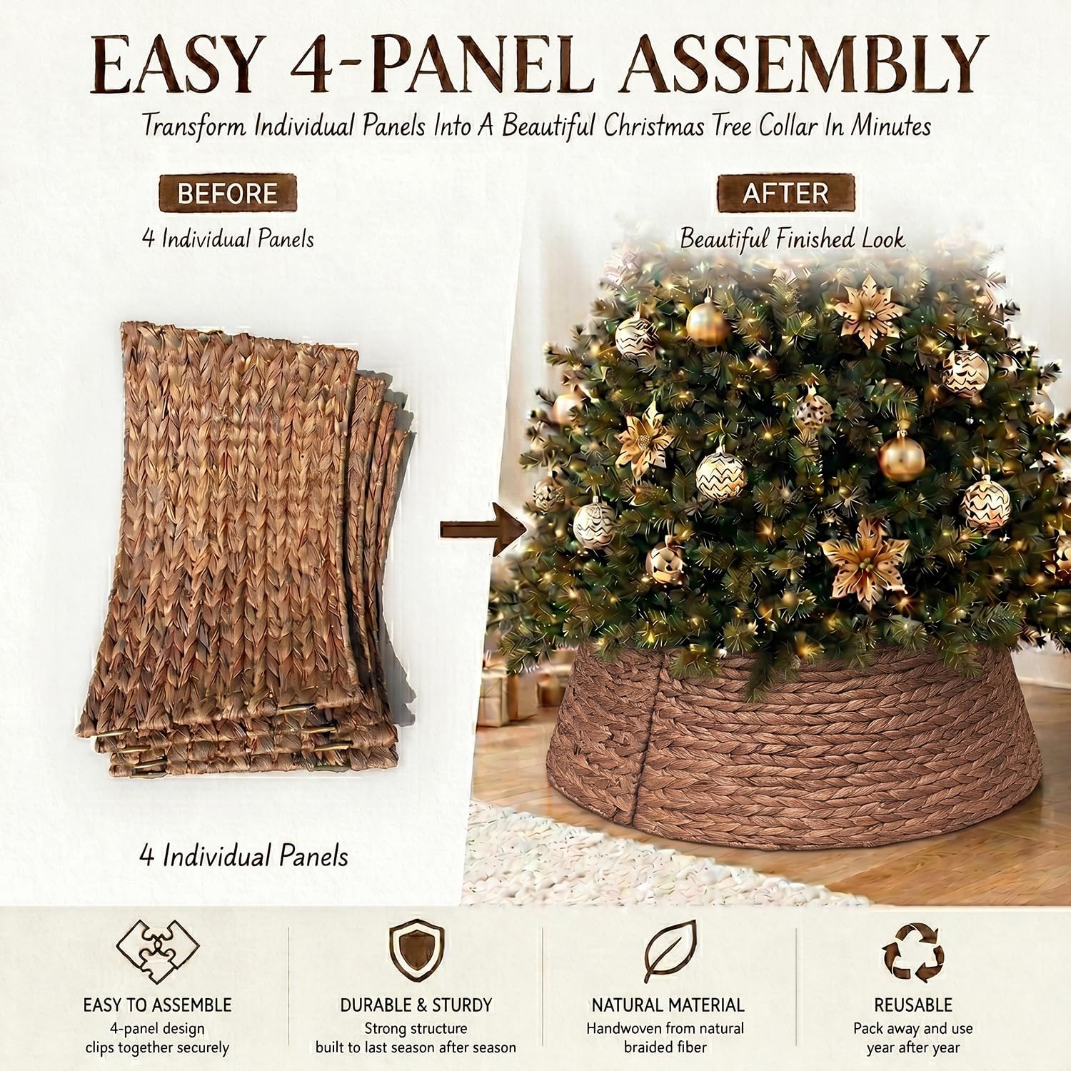 LAQUEDECRAFT 24 Inch Tree Collar Brown, Handwoven Water Hyacinth Christmas Tree Collar for Artificial Trees, Rustic Boho Basket Weave Wicker Tree Collar, Farmhouse Holiday Decor