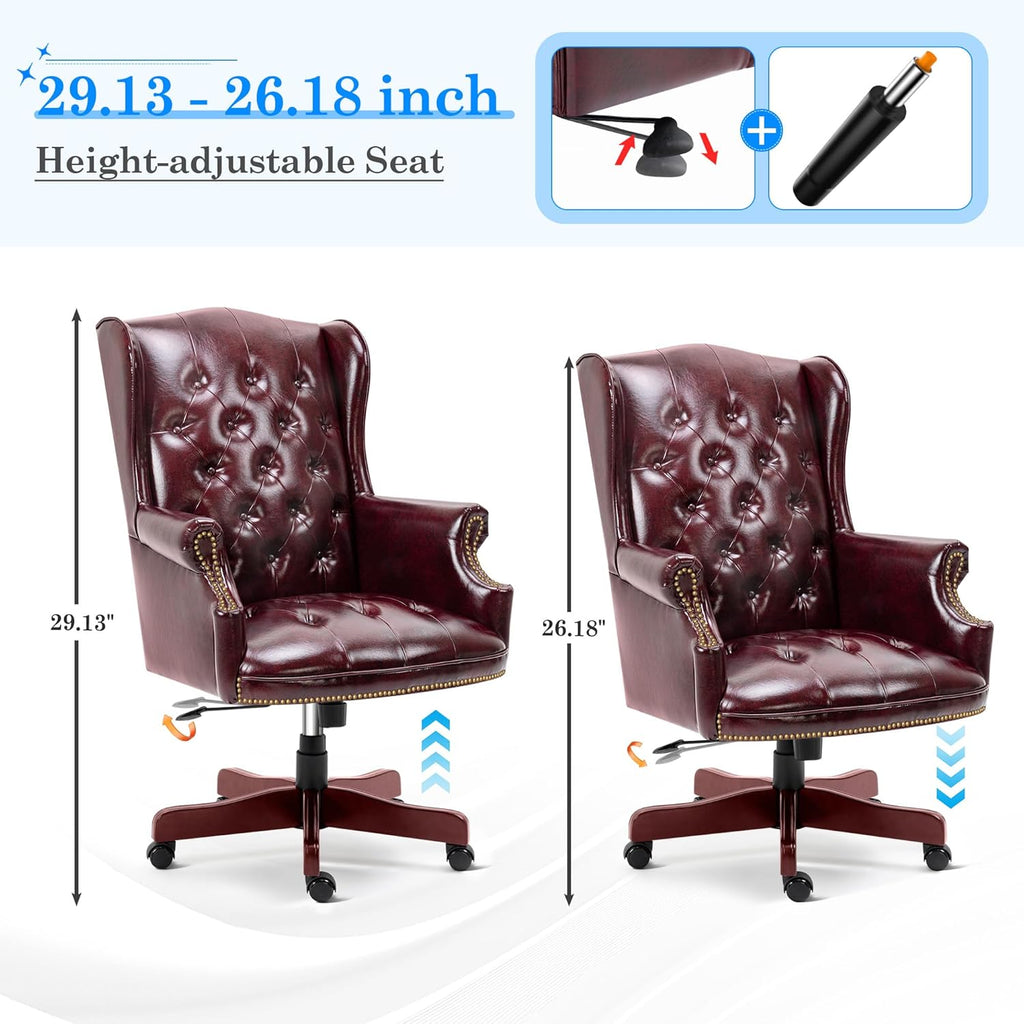 Big and Tall Executive Office Chair, Ergonomic 360° Swivel Recliner Chair, Retro Burgundy Faux Leather Home Office Desk Chairs w/Tufted Wingback Comfy Luxury Heavy Duty 500 Lb & Height Adjustable