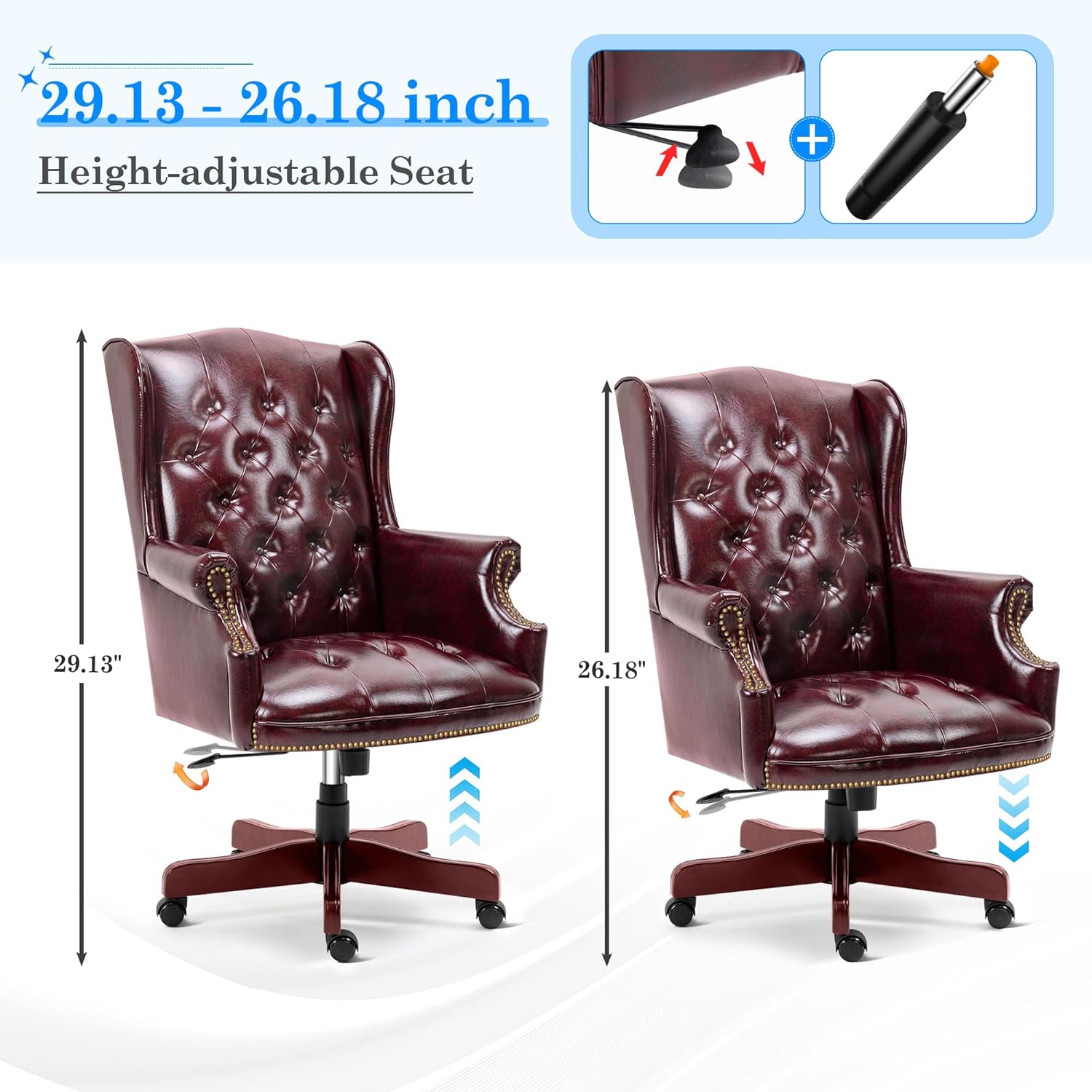 Big and Tall Executive Office Chair, Ergonomic 360° Swivel Recliner Chair, Retro Burgundy Faux Leather Home Office Desk Chairs w/Tufted Wingback Comfy Luxury Heavy Duty 500 Lb & Height Adjustable