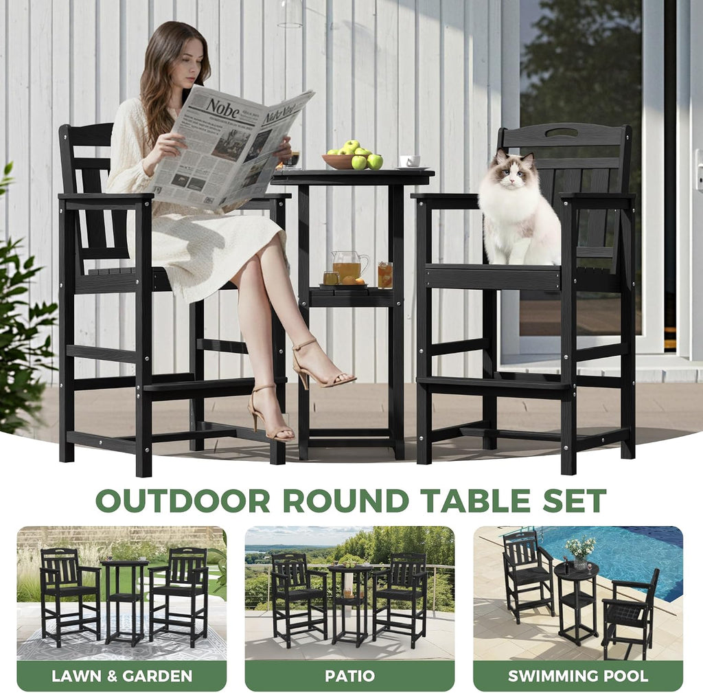 Outdoor Patio Tall Adirondack Bar Chairs Set of 2, All-Weather HDPE Bar Height Adirondack Stools for Balcony, Bistro, Garden, Backyard, Pool, Deck | Black