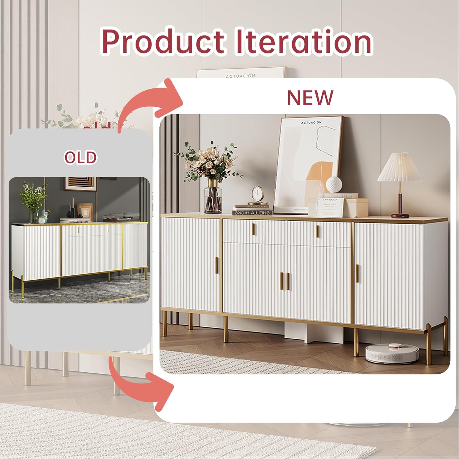 60" Modern Kitchen Buffet Cabinet, Buffets & Sideboard with Storage, Adjustable Shelves, Fluted Doors, Accent Cabinet with Drawers for Kitchen, Living Room, Hallway, White