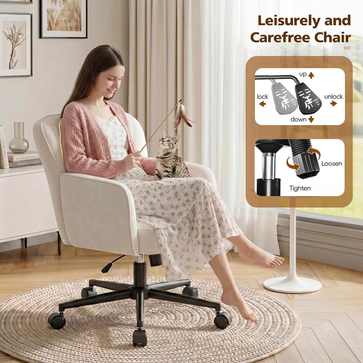DurayLoly Desk Chair with Shell Back, Vanity Chair with Adjustable Height, Comfy Chair for Makeup Room, Bedroom, Work & Relaxation，Beige
