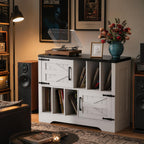 39in Large Record Player Stand with Vinyl Storage, Farmhouse Wood Turntable Cabinet with 2 Barn Doors, Mid-Century Modern Record Storage Holds Up to 450 Albums for Living Room Bedroom- White