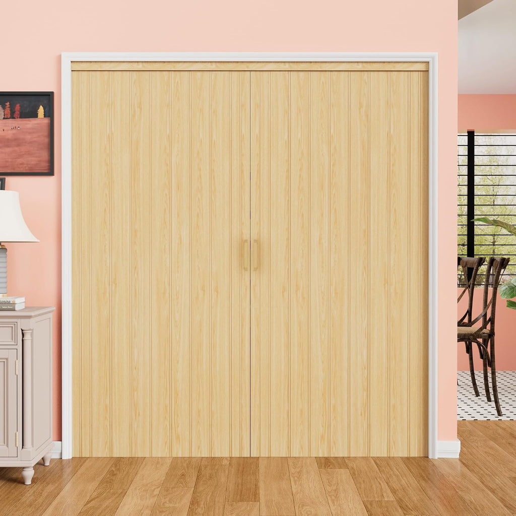 72" x 80" Enhanced Double Walled Interior Accordion Doors, Oak PVC Panel Strong Magnet Folding Closet Door, Space-Saving Bi Fold Doors with Heavy-Duty Nylon Rollers & Upgrated Handle, Easy to Install