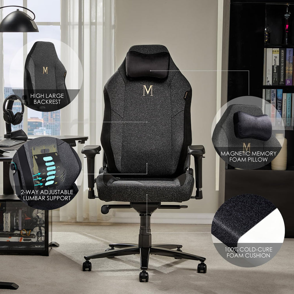 Large Ergonomic Gaming Chair, Big & Tall Computer Chair with 4D Armrests, Magnetic Headrest, Adjustable Lumbar Support, Reclining Office Chair for Home & Gaming Room, Fabric Grey