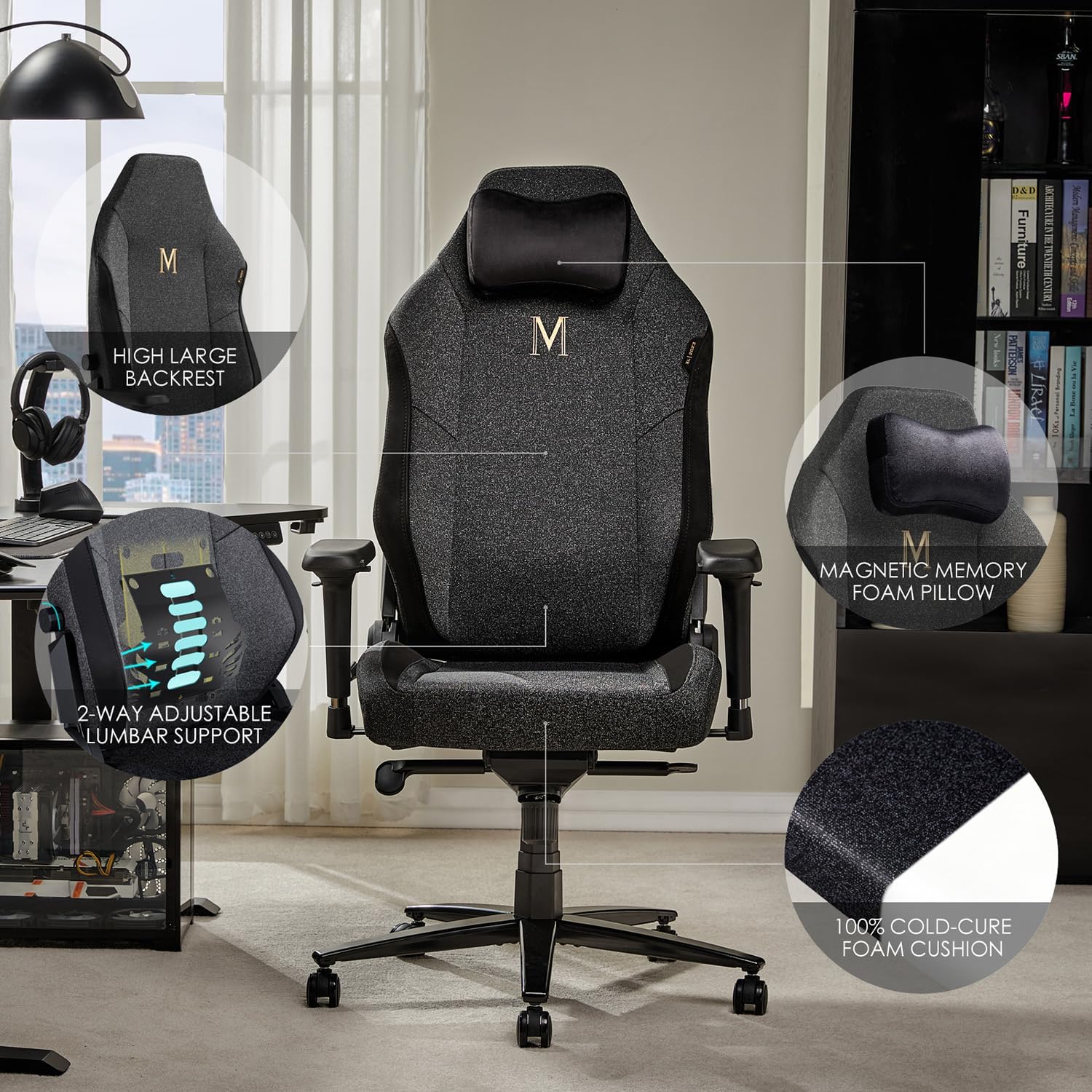 Large Ergonomic Gaming Chair, Big & Tall Computer Chair with 4D Armrests, Magnetic Headrest, Adjustable Lumbar Support, Reclining Office Chair for Home & Gaming Room, Fabric Grey