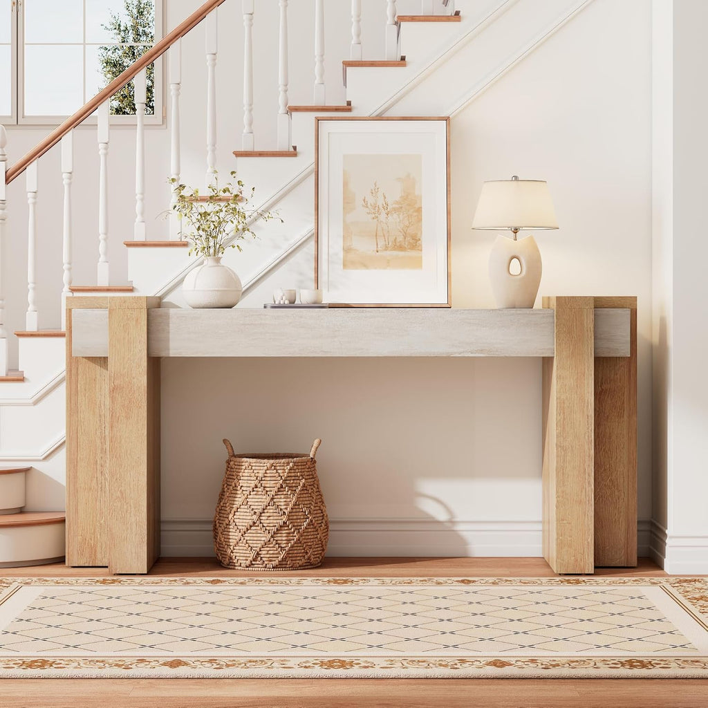 S.E.C.D 70.9-Inch Modern Console Table, Geometric Minimalism Entryway Sofa Table, Long Wood Foyer Tables for Entryway, Hallway, Living Room, Limestone and Natural Oak