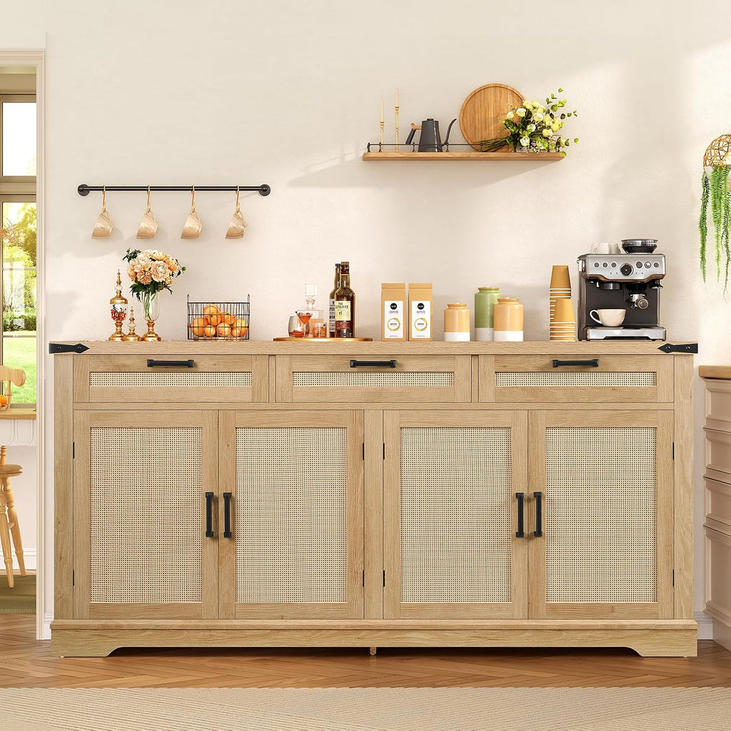 usikey 61” Large Buffet Cabinet with Storage, Sideboard Cabinet with 4 Doors and 3 Drawers, Farmhouse Buffet Table, Dining Room Storage Cabinet for Kitchen or Living Room, Natural