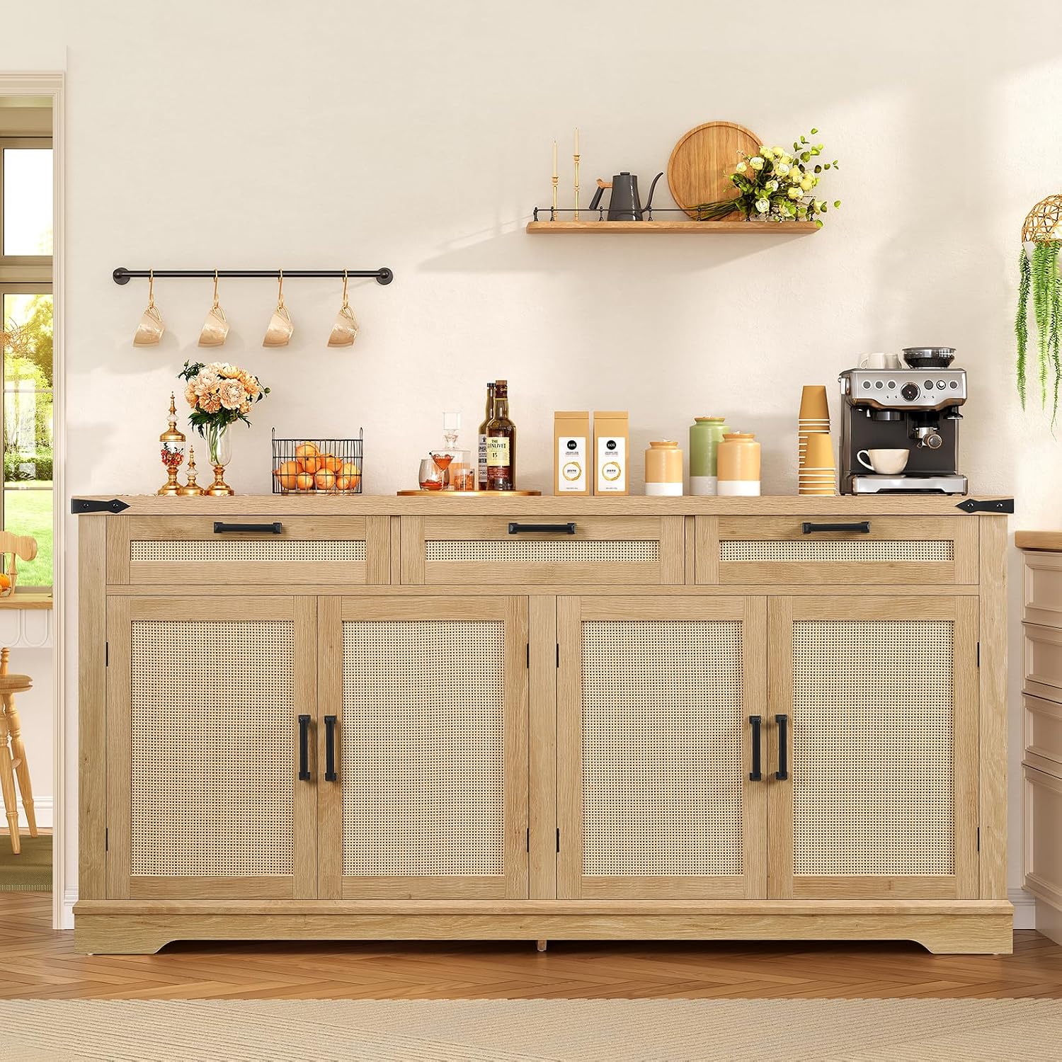 usikey 61” Large Buffet Cabinet with Storage, Sideboard Cabinet with 4 Doors and 3 Drawers, Farmhouse Buffet Table, Dining Room Storage Cabinet for Kitchen or Living Room, Natural