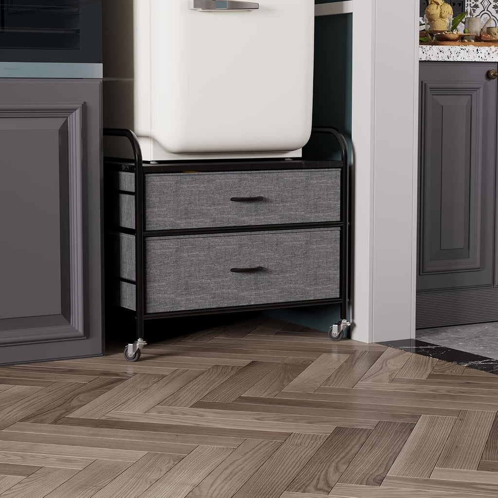 Mini Fridge Stand, 120LBS Mini Fridge Table, 2 Drawer Fridge Cart, Mini Fridge Stand with Storage, Metal Frame Iron Top, 4 Swivel Wheels for Home Kitchen, Black