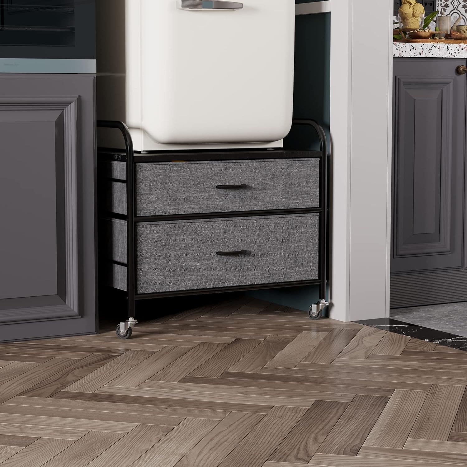 Mini Fridge Stand, 120LBS Mini Fridge Table, 2 Drawer Fridge Cart, Mini Fridge Stand with Storage, Metal Frame Iron Top, 4 Swivel Wheels for Home Kitchen, Black