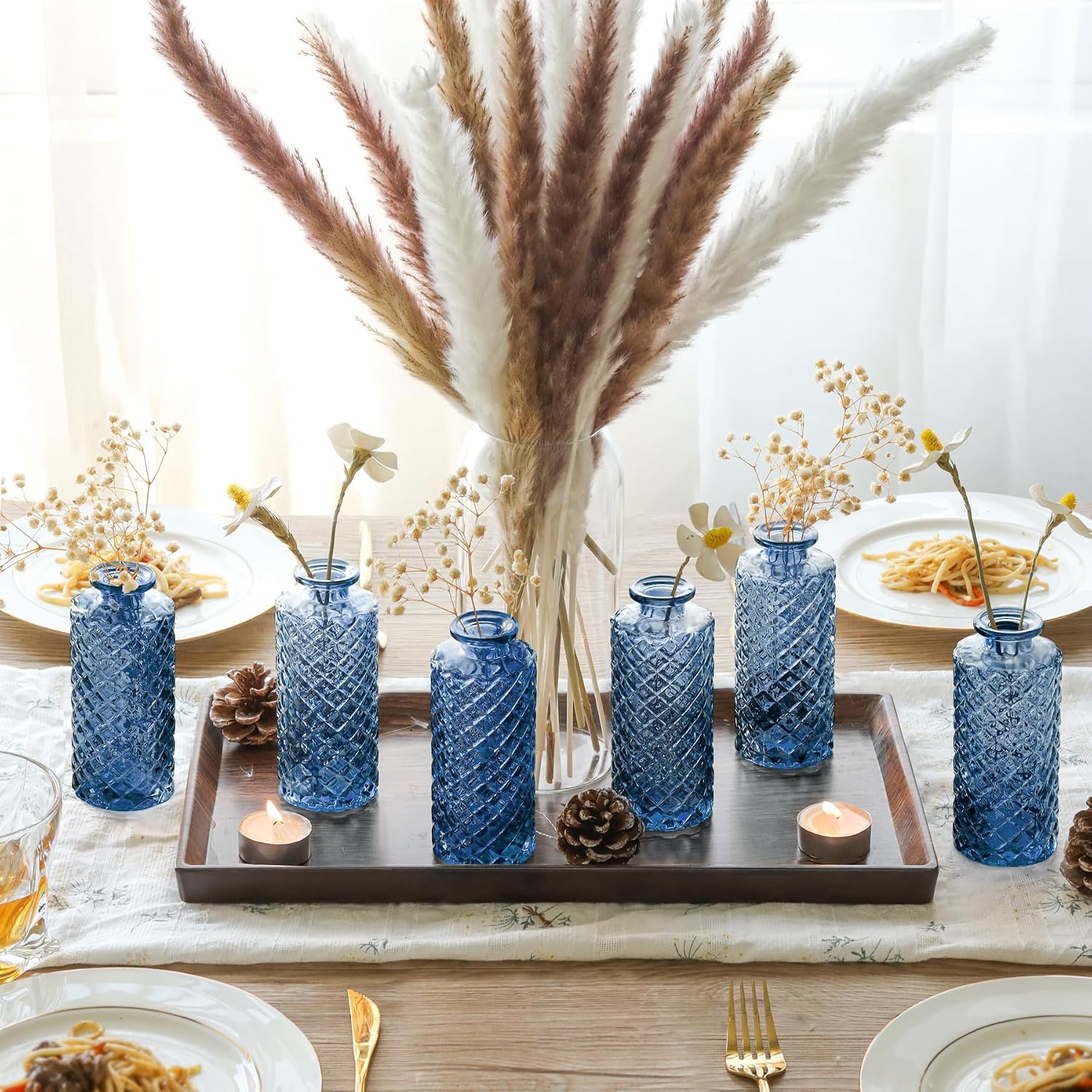 ComSaf Glass Bud Vases Set of 12, Small Diamond Bud Vases in Bulk, Mini Flowers Vases for Centerpieces, Vintage Decor Centerpiece for Table, Wedding Recepetion, Home, Housewarming Gift (Grey Blue)