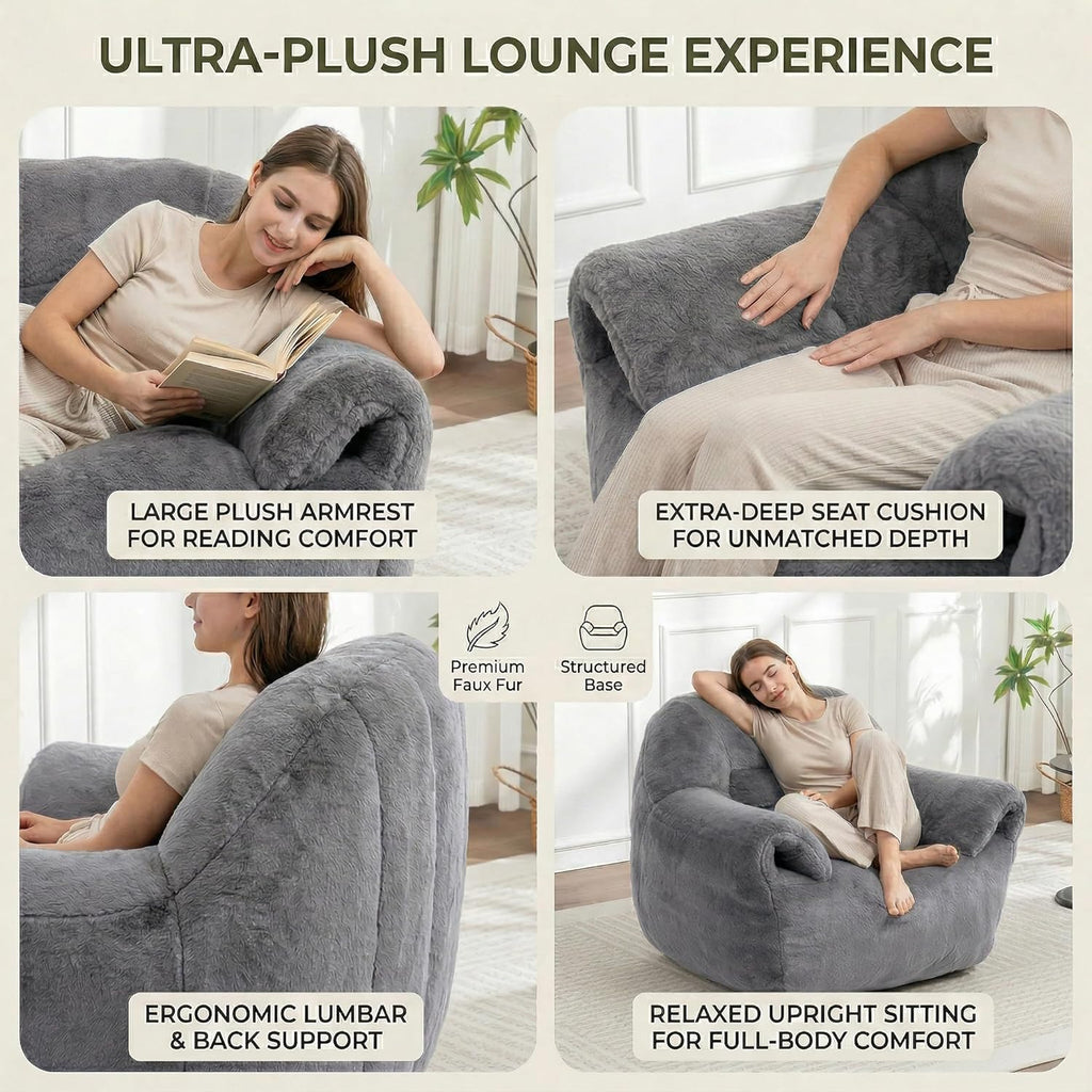 Bean Bag Chair for Adults and Childs with Armrests, High Back Supportive Plush Lounge, Oversized Faux Fur Floor Sofa for Living Room, Bedroom and Dorm (Dark Gray)
