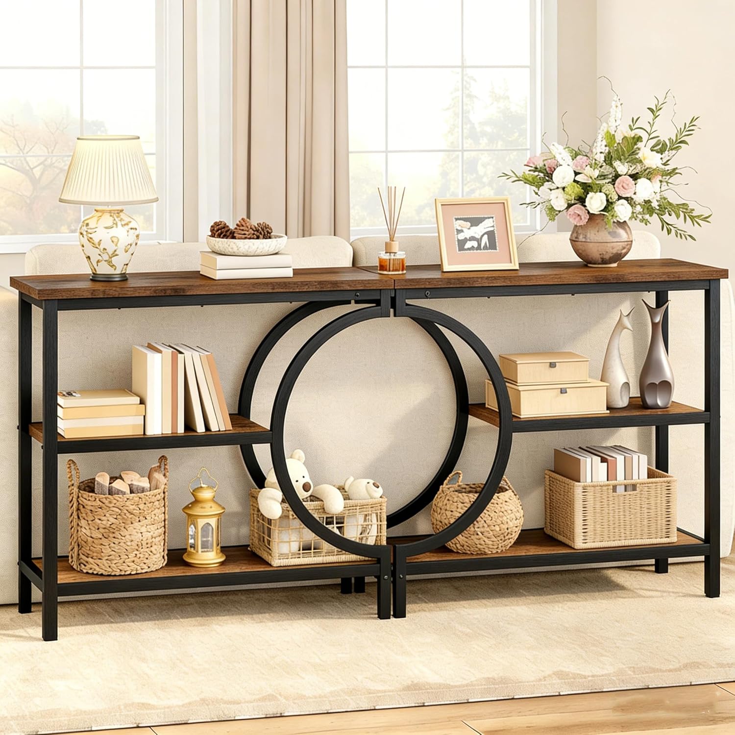 Hoctieon Console Table Set of 2, 3-Tier Industrial Entryway Table with Storage, Hallway Tables, Narrow Entrance Sofa Tables,Accent Tables with Shelves for Living Room, Foyer, Rustic Brown