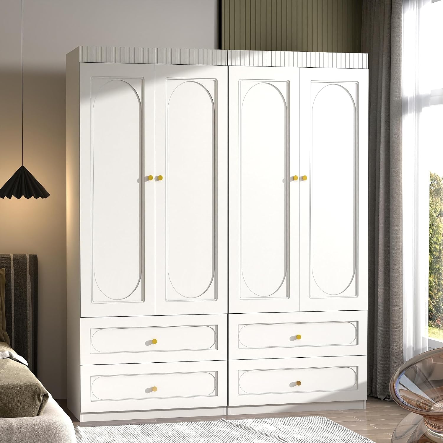 Bedroom Armoire Wardrobe Closet, 75" Tall Wardrobes Closet with 2 Drawers and 2 Doors, Wooden Clothes Cabinets for Bedroom Armoires with Hanging Rod (4-Drawers, 63")