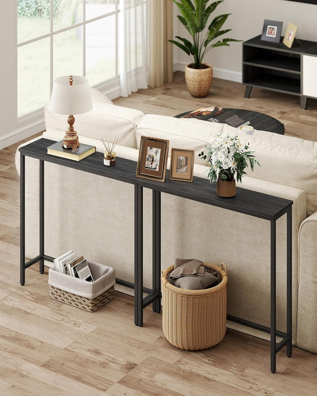 VASAGLE BARNET Collection - Console Table, Thin Narrow Entryway Doorway Table, One Piece Top, for Hallway Bedroom, Steel Frame, Modern, 1 Tier, Charcoal Gray and Ink Black ULNT035BA01S