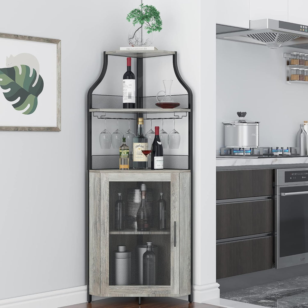 Amyove Corner Wine Bar Cabinet with Detachable Wine Rack, Industrial Wine Cabinet with Glass Holder, Small Sideboard and Liquor Coffee Bar Cabinet with Mesh Door, ‎Grey