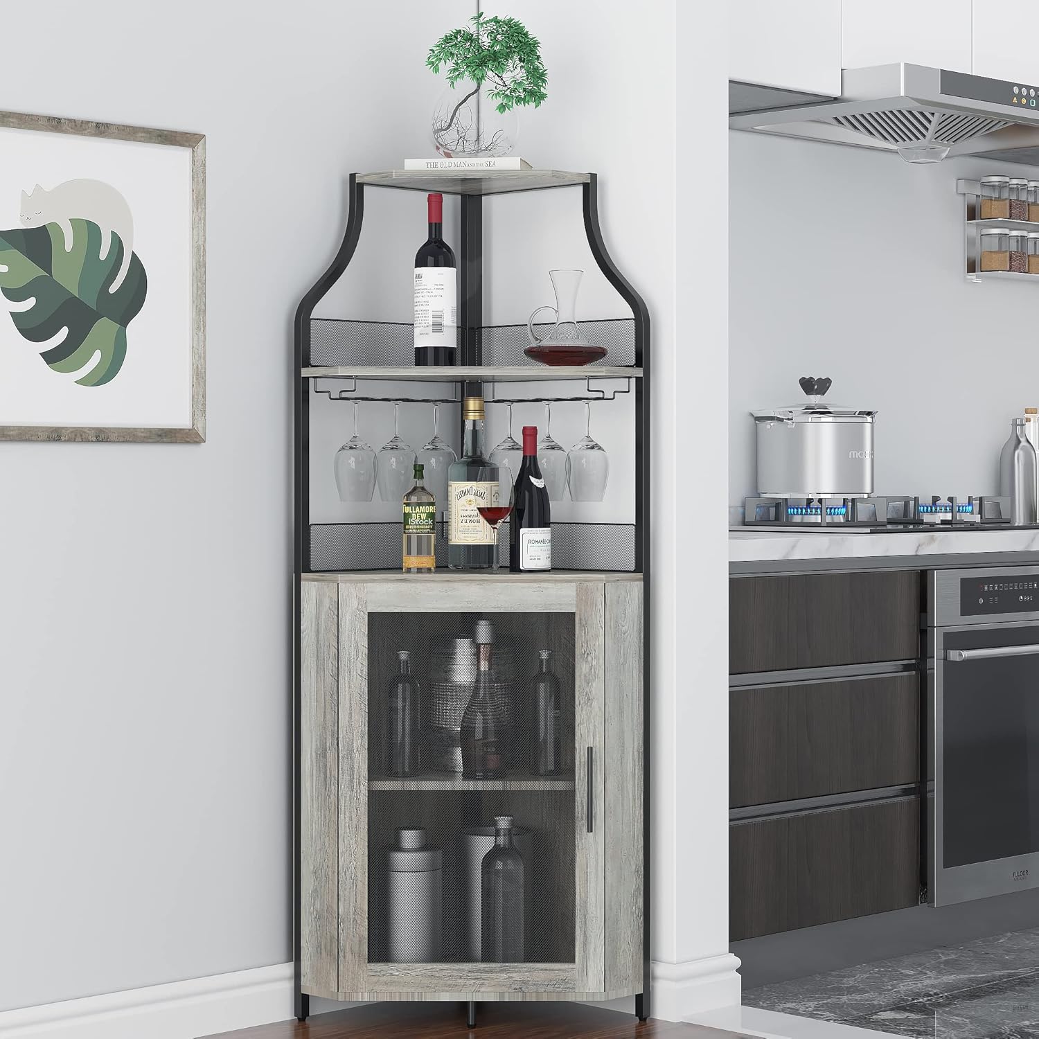 Amyove Corner Wine Bar Cabinet with Detachable Wine Rack, Industrial Wine Cabinet with Glass Holder, Small Sideboard and Liquor Coffee Bar Cabinet with Mesh Door, ‎Grey